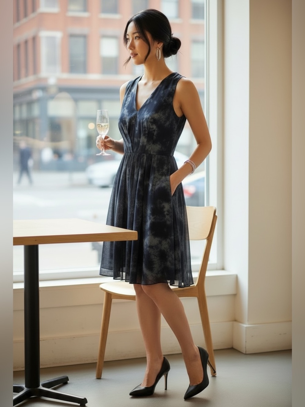 Coldwater Creek 6 grey marl v neck sleeveless pleated fit & flare layered dress